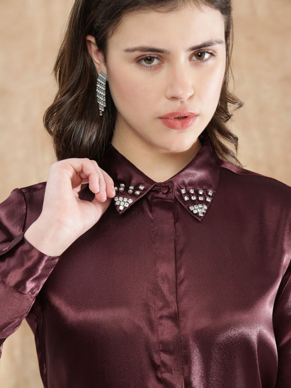 Globus Women Red Embellished Spread Collar Cuffed Sleeve Satin Party Shirt