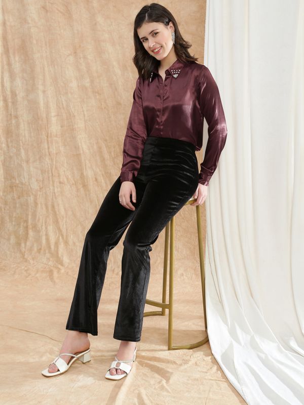 Globus Women Red Embellished Spread Collar Cuffed Sleeve Satin Party Shirt