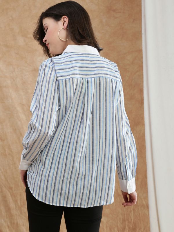 Globus Women Blue Striped Spread Collar Cuffed Sleeve Formal Shirt