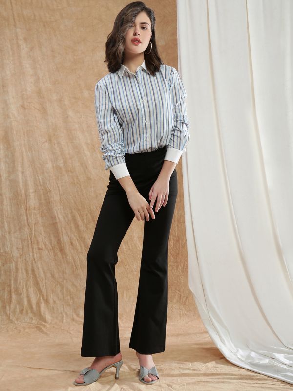 Globus Women Blue Striped Spread Collar Cuffed Sleeve Formal Shirt