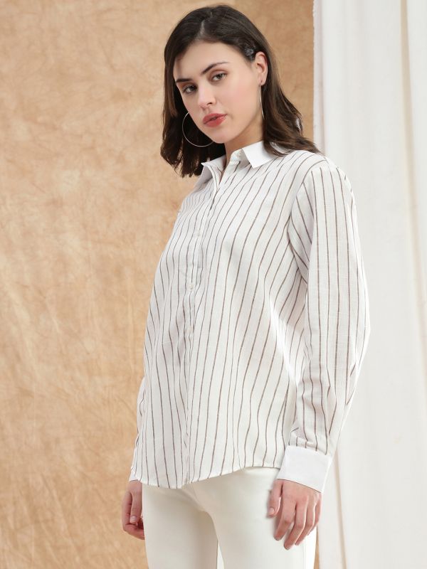 Globus Women Brown Striped Spread Collar Cuffed Sleeve Formal Shirt 