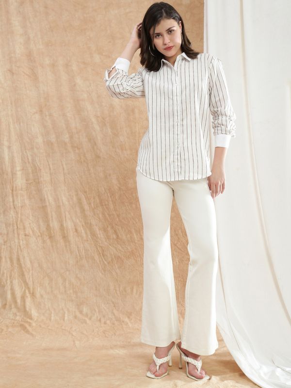 Globus Women Brown Striped Spread Collar Cuffed Sleeve Formal Shirt 