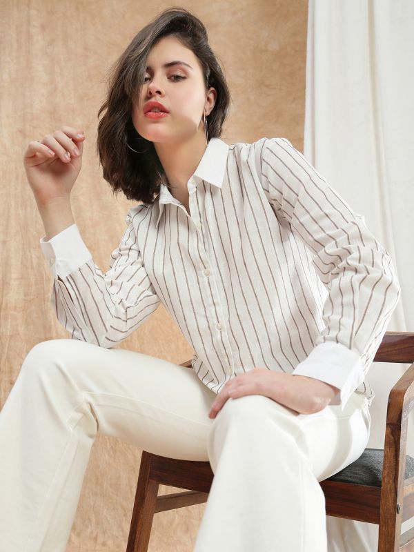 Globus Women Brown Striped Spread Collar Cuffed Sleeve Formal Shirt 