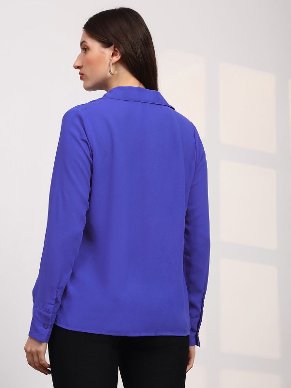 Globus Women Blue Spread Collar Cuffed Sleeves Straight Hem Pleated Workwear Shirt