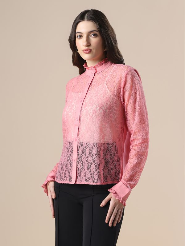 Globus Women Pink Frilled Neck Cuffed Sleeves Curved Hem Floral Lace Party Shirt