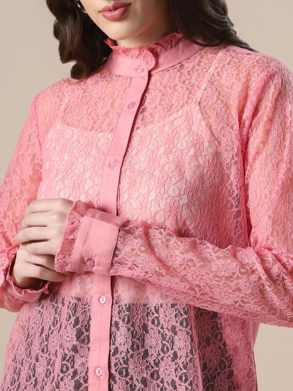 Globus Women Pink Frilled Neck Cuffed Sleeves Curved Hem Floral Lace Party Shirt