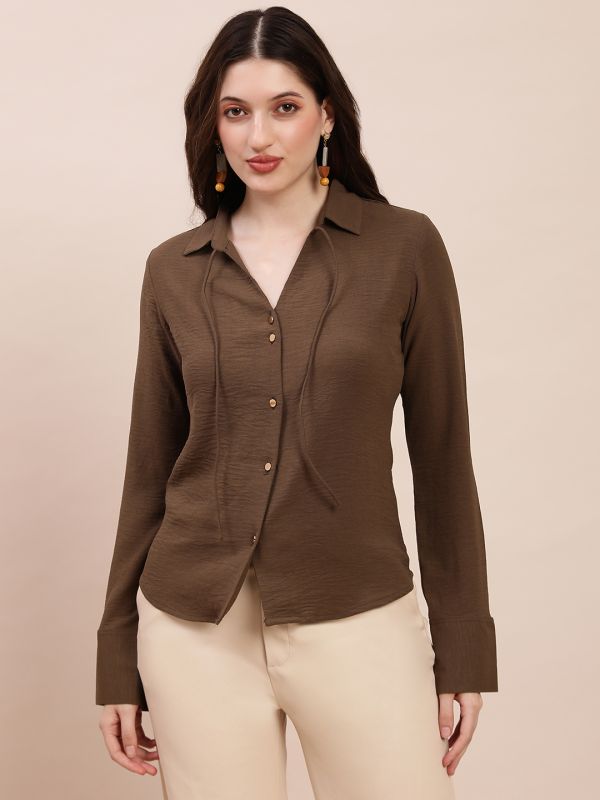 Globus Women Brown Collared Neck Cuffed Sleeves Self Design Tie-Up Detail Curved Hem Workwear Shirt