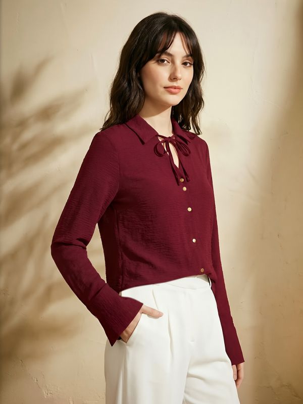 Globus Women Maroon Collared V-Neck Tie-Up Detail Cuffed Sleeves Curved Hem Workwear Shirt