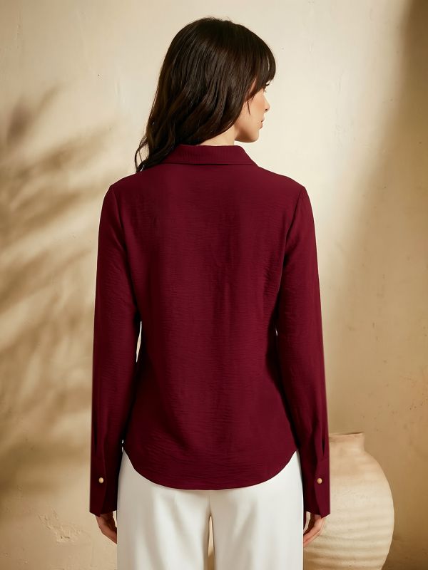 Globus Women Maroon Collared V-Neck Tie-Up Detail Cuffed Sleeves Curved Hem Workwear Shirt