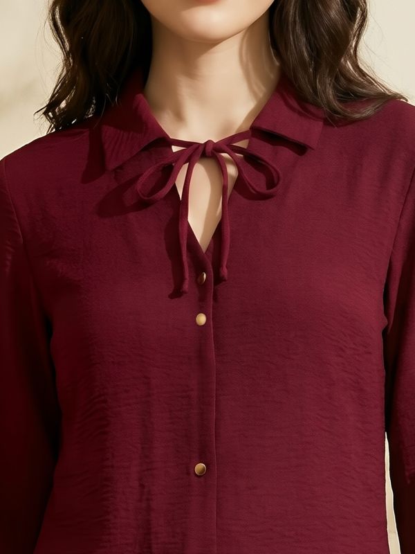 Globus Women Maroon Collared V-Neck Tie-Up Detail Cuffed Sleeves Curved Hem Workwear Shirt