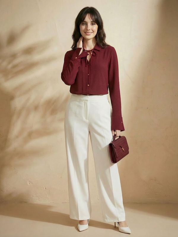 Globus Women Maroon Collared V-Neck Tie-Up Detail Cuffed Sleeves Curved Hem Workwear Shirt