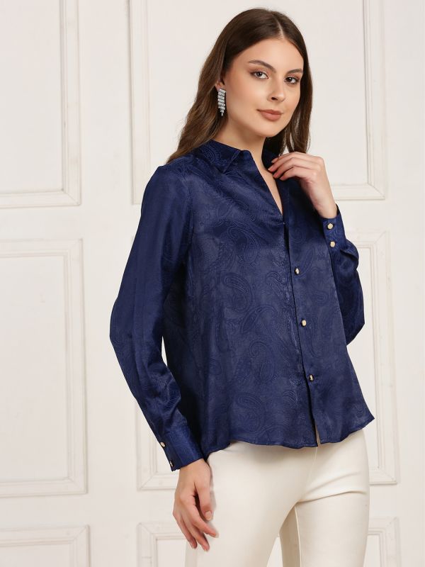 Globus Women Navy Blue Self Design Paisley Print Collared Neck Cuffed Sleeves Curved Hem Party Shirt
