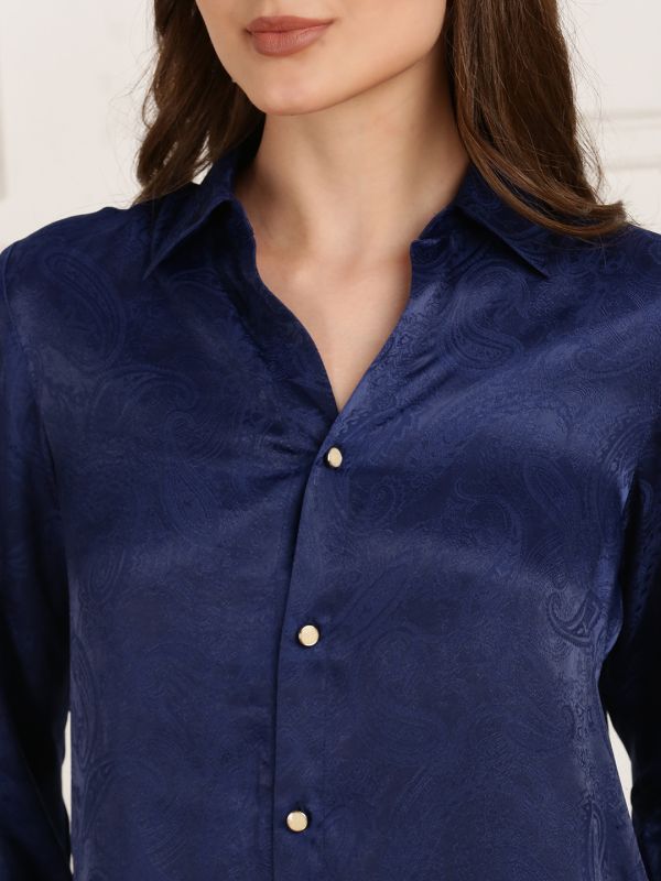 Globus Women Navy Blue Self Design Paisley Print Collared Neck Cuffed Sleeves Curved Hem Party Shirt