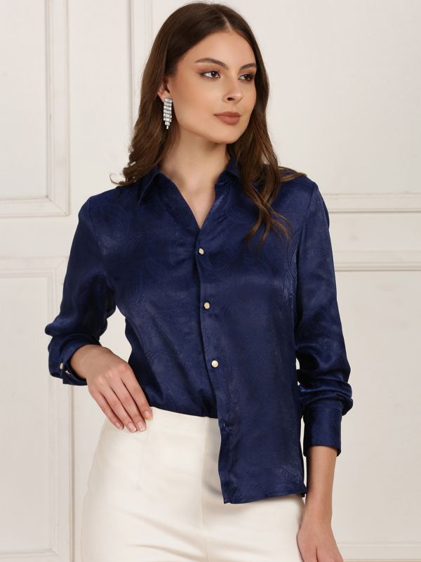 Globus Women Navy Blue Self Design Paisley Print Collared Neck Cuffed Sleeves Curved Hem Party Shirt