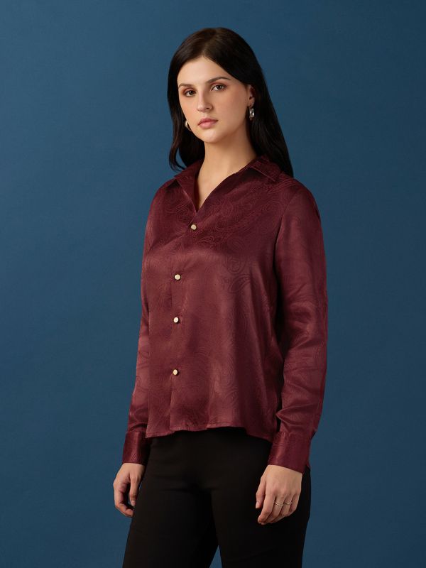 Globus Women Maroon Collared Neck Cuff Sleeves Paisley Self Design Relaxed Fit Party Shirt