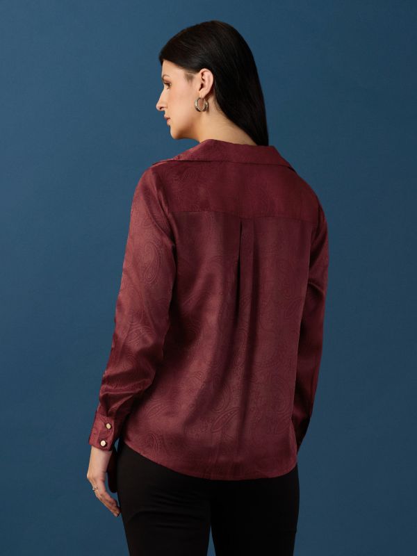 Globus Women Maroon Collared Neck Cuff Sleeves Paisley Self Design Relaxed Fit Party Shirt