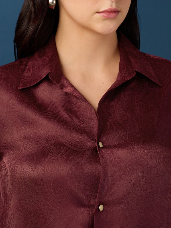 Globus Women Maroon Collared Neck Cuff Sleeves Paisley Self Design Relaxed Fit Party Shirt