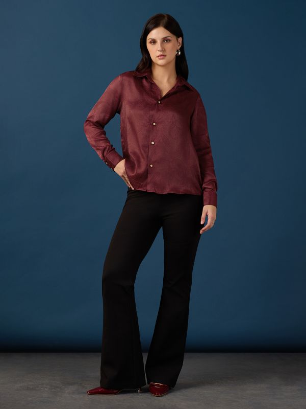 Globus Women Maroon Collared Neck Cuff Sleeves Paisley Self Design Relaxed Fit Party Shirt
