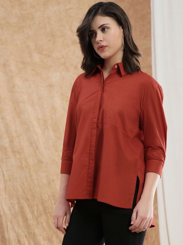 Globus Women Red Spread Collar Cuffed Sleeve Patch Pocket High-Low Hem Oversized Shirt