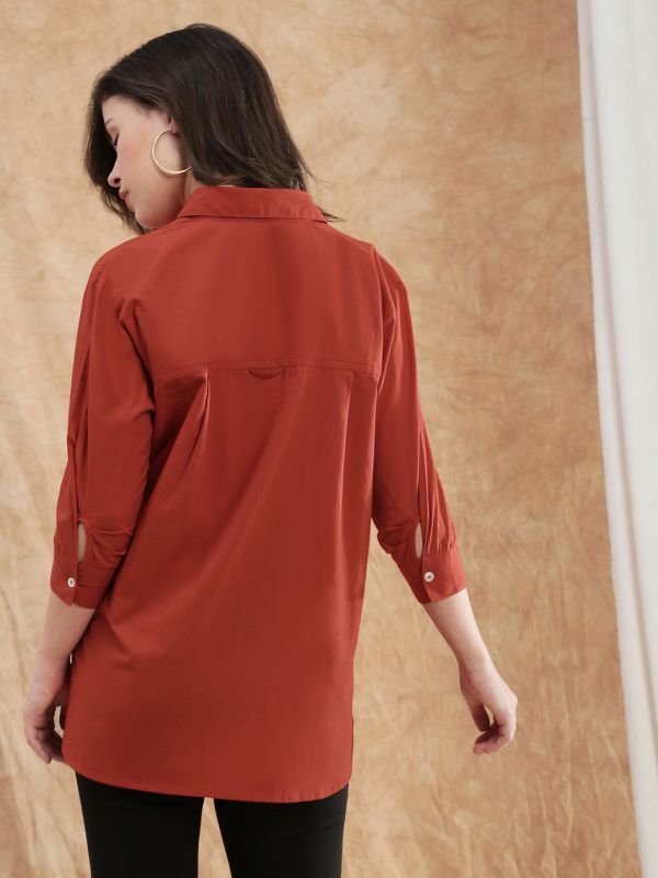 Globus Women Red Spread Collar Cuffed Sleeve Patch Pocket High-Low Hem Oversized Shirt
