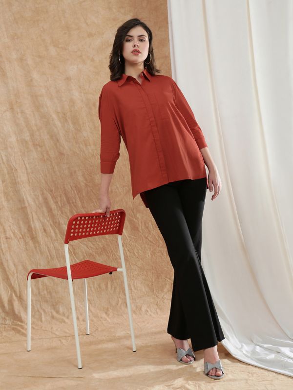 Globus Women Red Spread Collar Cuffed Sleeve Patch Pocket High-Low Hem Oversized Shirt