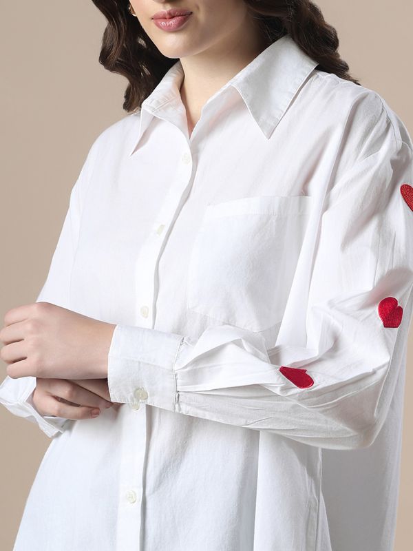 Globus Women White Collared Neck Embroidered Detail Cuffed Sleeves High-Low Hem Oversized Party Shirt