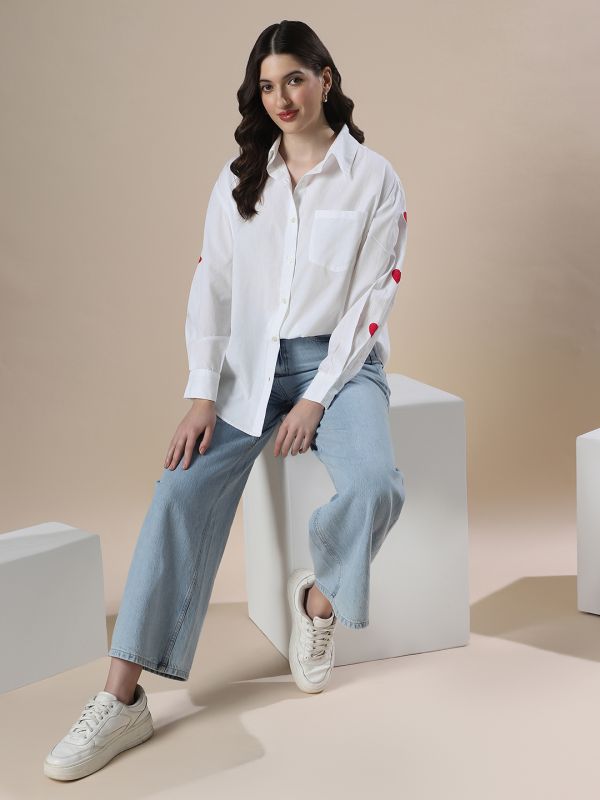 Globus Women White Collared Neck Embroidered Detail Cuffed Sleeves High-Low Hem Oversized Party Shirt
