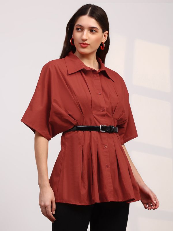 Globus Women Red Spread Collar Extended Sleeves Flared Hem Pleated Shirt