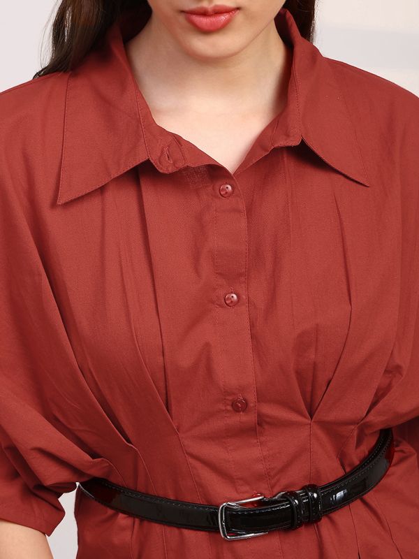 Globus Women Red Spread Collar Extended Sleeves Flared Hem Pleated Shirt