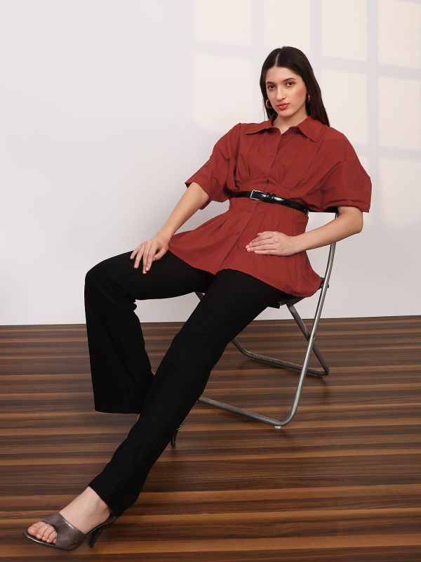 Globus Women Red Spread Collar Extended Sleeves Flared Hem Pleated Shirt