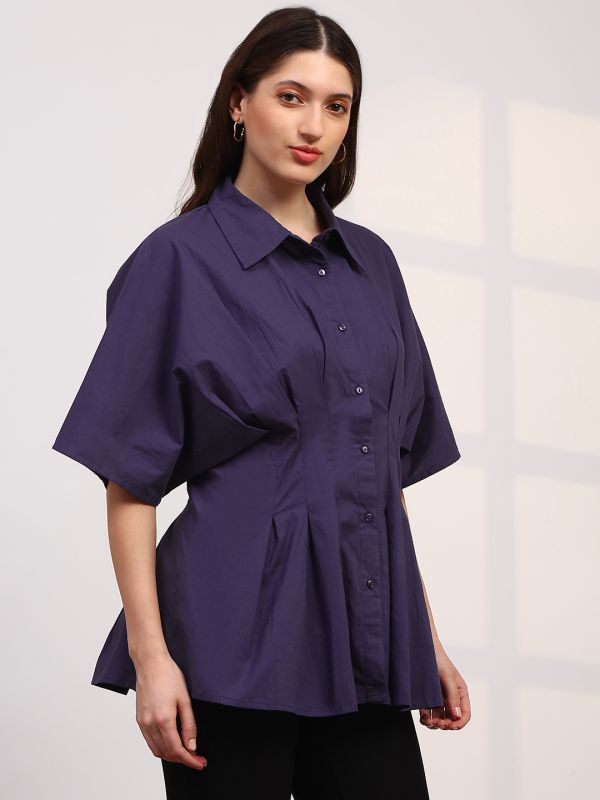 Globus Women Purple Spread Collar Extended Sleeves Flared Hem Pleated Shirt