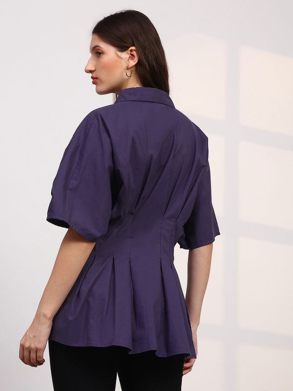 Globus Women Purple Spread Collar Extended Sleeves Flared Hem Pleated Shirt