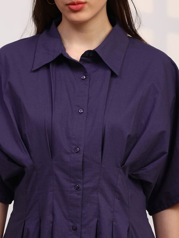 Globus Women Purple Spread Collar Extended Sleeves Flared Hem Pleated Shirt