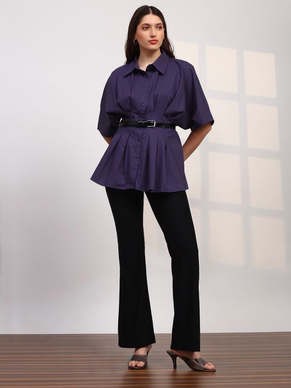 Globus Women Purple Spread Collar Extended Sleeves Flared Hem Pleated Shirt