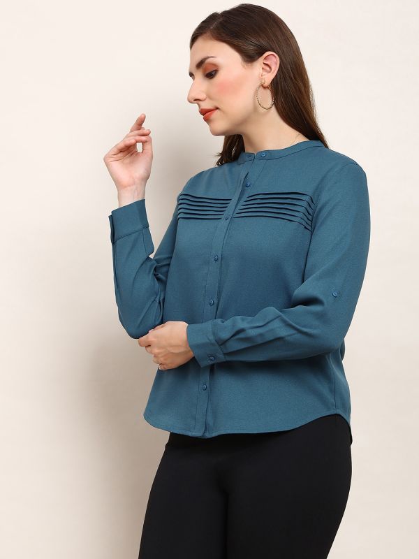 Globus Women Teal Mandarin Collar Cuffed Sleeves Solid Curved Hem Pleated Workwear Shirt