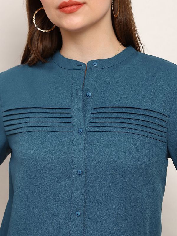 Globus Women Teal Mandarin Collar Cuffed Sleeves Solid Curved Hem Pleated Workwear Shirt