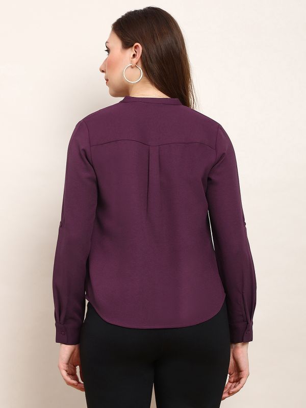 Globus Women Burgundy Mandarin Collar Cuffed Sleeves Solid Curved Hem Pleated Workwear Shirt