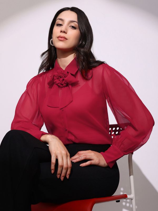 Globus Women Red Bow Detail Collared Neck Cuffed Sleeves Curved Hem Georgette Sheer Party Shirt