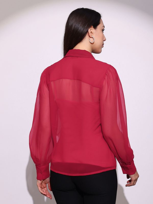 Globus Women Red Bow Detail Collared Neck Cuffed Sleeves Curved Hem Georgette Sheer Party Shirt