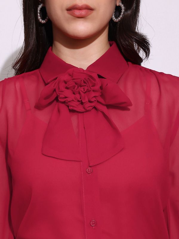 Globus Women Red Bow Detail Collared Neck Cuffed Sleeves Curved Hem Georgette Sheer Party Shirt