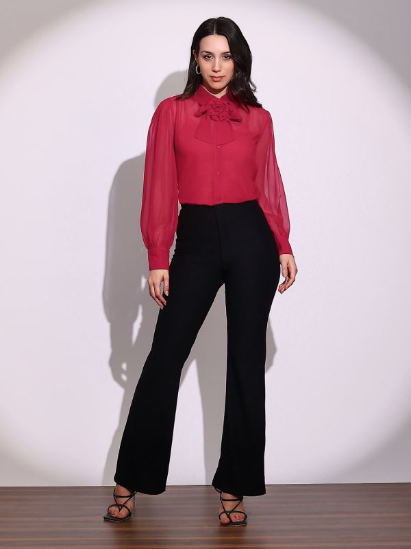 Globus Women Red Bow Detail Collared Neck Cuffed Sleeves Curved Hem Georgette Sheer Party Shirt