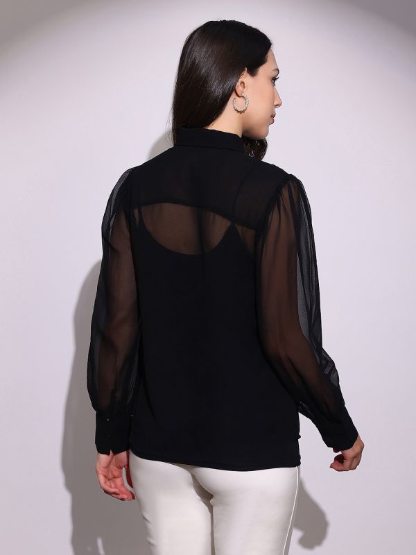 Globus Women Black Bow Detail Collared Neck Cuffed Sleeves Curved Hem Georgette Sheer Party Shirt