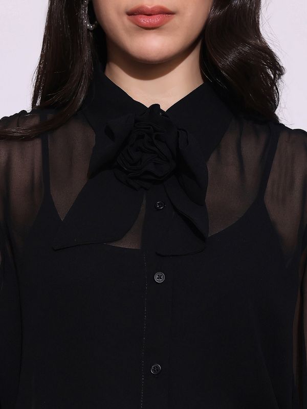 Globus Women Black Bow Detail Collared Neck Cuffed Sleeves Curved Hem Georgette Sheer Party Shirt