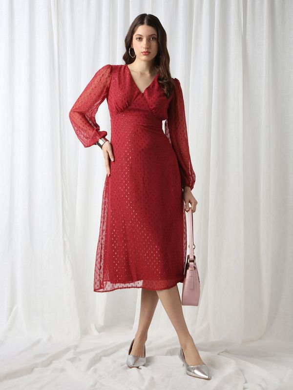 Globus Women Maroon V-Neck Bishop Sleeves Lurex Detail Georgette Fit & Flare Midi Party Dress