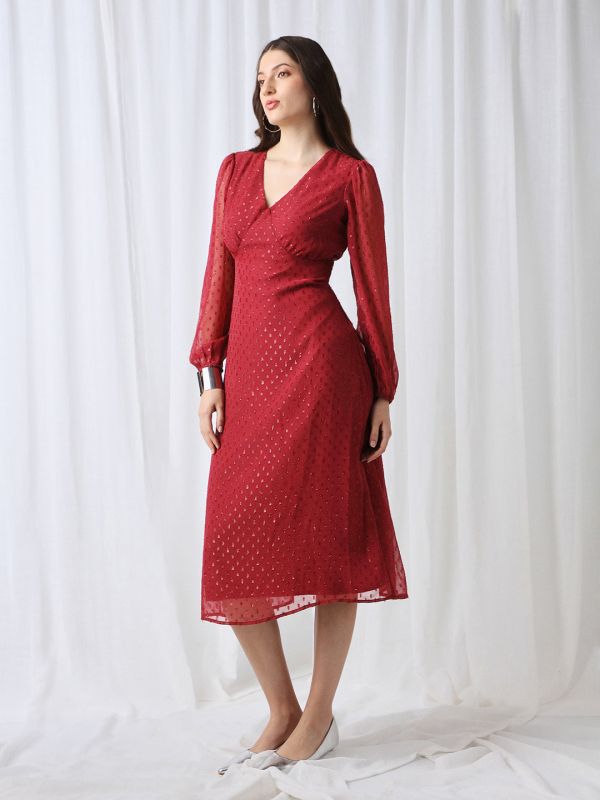 Globus Women Maroon V-Neck Bishop Sleeves Lurex Detail Georgette Fit & Flare Midi Party Dress