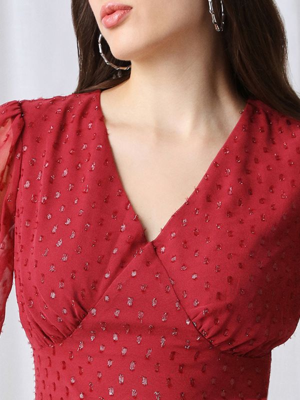 Globus Women Maroon V-Neck Bishop Sleeves Lurex Detail Georgette Fit & Flare Midi Party Dress