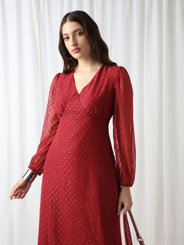 Globus Women Maroon V-Neck Bishop Sleeves Lurex Detail Georgette Fit & Flare Midi Party Dress
