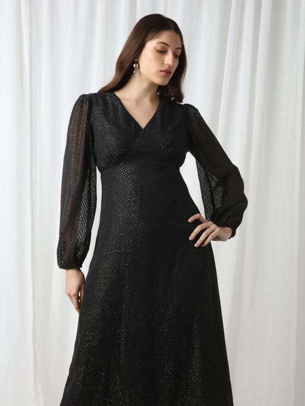 Globus Women Black V-Neck Bishop Sleeves Lurex Detail Georgette Fit & Flare Midi Party Dress