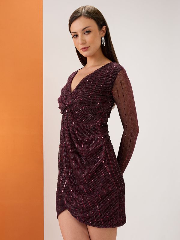 Globus Women Multicolour Wrap V-Neck Spangle Embellished Tulip Hem Mini Bodycon Party Dress