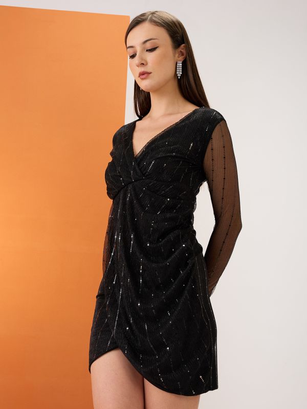 Globus Women Black Wrap V-Neck Spangle Embellished Tulip Hem Mini Bodycon Party Dress